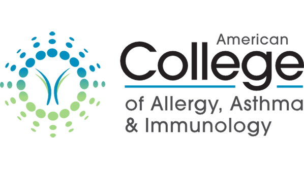Logo of the American College of Allergy, Asthma & Immunology, featuring circular dotted patterns in blue and green around a stylized “Y,” with the organization’s name in black and blue text on the right.