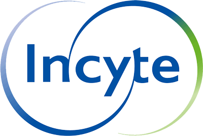 The Incyte logo features the word "Incyte" in blue, overlaid by two intersecting blue arcs forming a stylized circular design, with a green highlight on the right arc. The background is transparent.