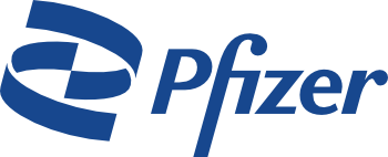 Pfizer logo featuring a stylized blue spiral design to the left of the word "Pfizer" written in blue, italicized font.