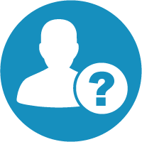 White silhouette of a person on a blue circular background, with a smaller white circle in front containing a blue question mark.