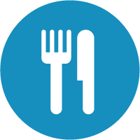 A white fork and knife icon is centered on a blue circular background, symbolizing dining or a restaurant.