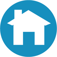 A white house icon with a chimney is centered on a blue circular background.