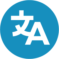 White icon of a capital letter "A" overlapping with a Chinese character on a blue circular background, symbolizing translation or language services.