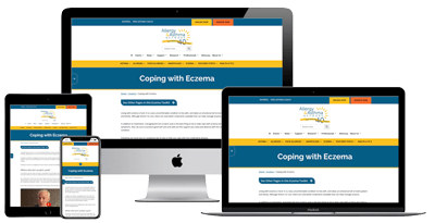 A website titled "Coping with Eczema" is displayed on various devices, including a smartphone, tablet, laptop, and desktop monitor, showing its responsive design and readability across platforms.