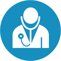 White medical doctor icon with a stethoscope on a blue circular background. The figure is simplified and faceless, representing healthcare or medical services.