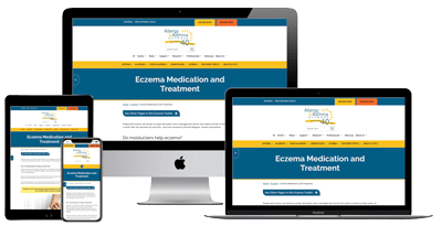 A website about eczema medication and treatment is displayed on a desktop, laptop, tablet, and smartphone, showing responsive web design across different devices.