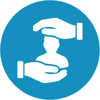 A blue circle icon featuring two white hands, one above and one below, surrounding a white silhouette of a person, symbolizing protection or care.